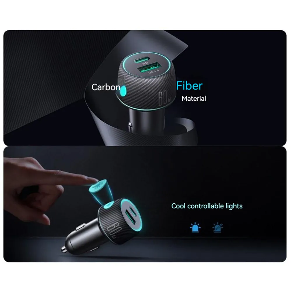 60w High-power Car Charger Dual-port Button Switch Qc3.0 Pd Fast