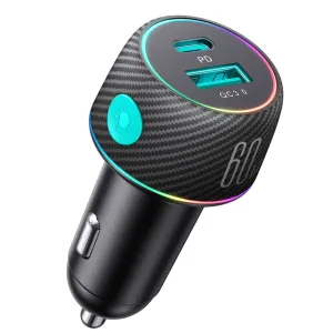 60w High-power Car Charger Dual-port Button Switch Qc3.0 Pd Fast