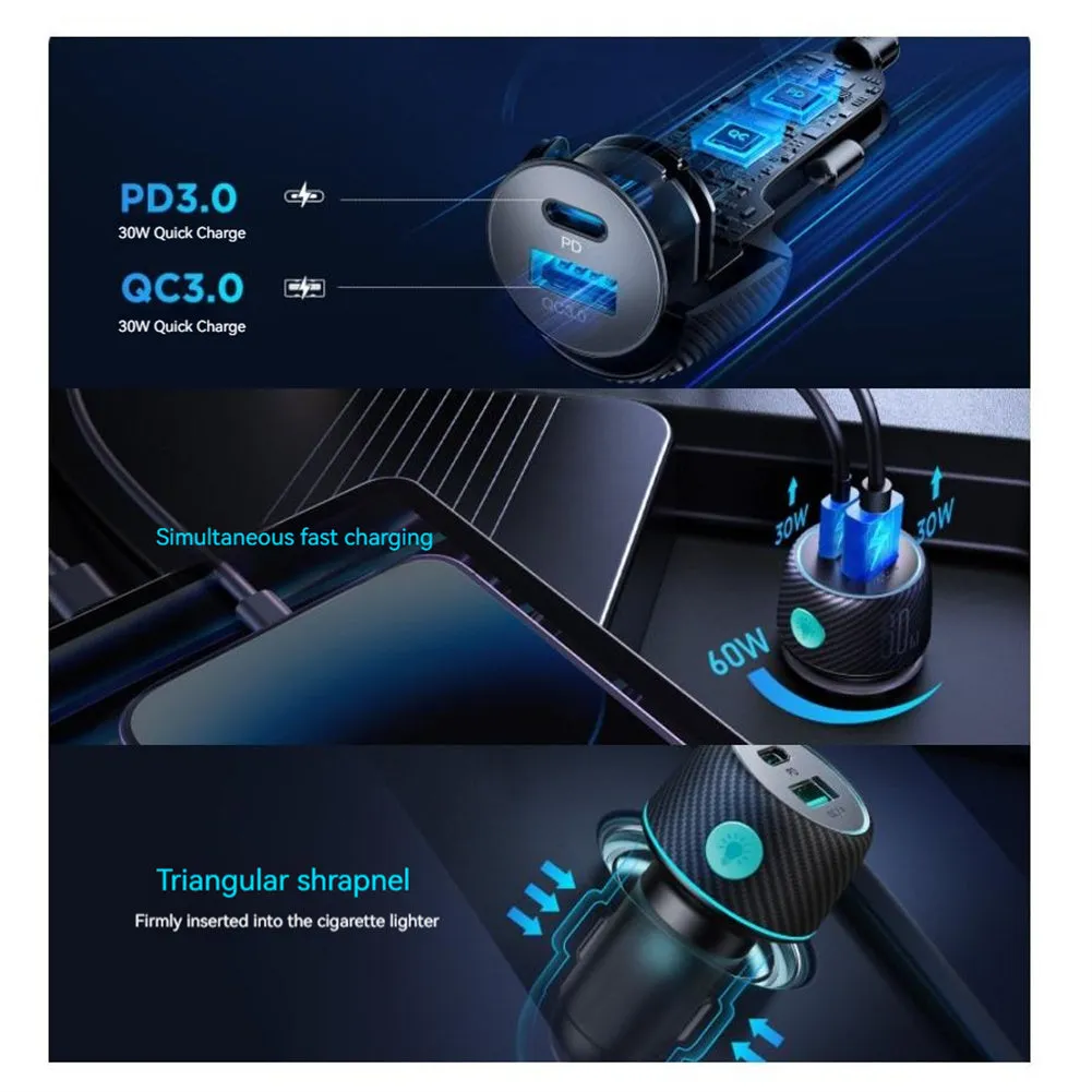60w High-power Car Charger Dual-port Button Switch Qc3.0 Pd Fast