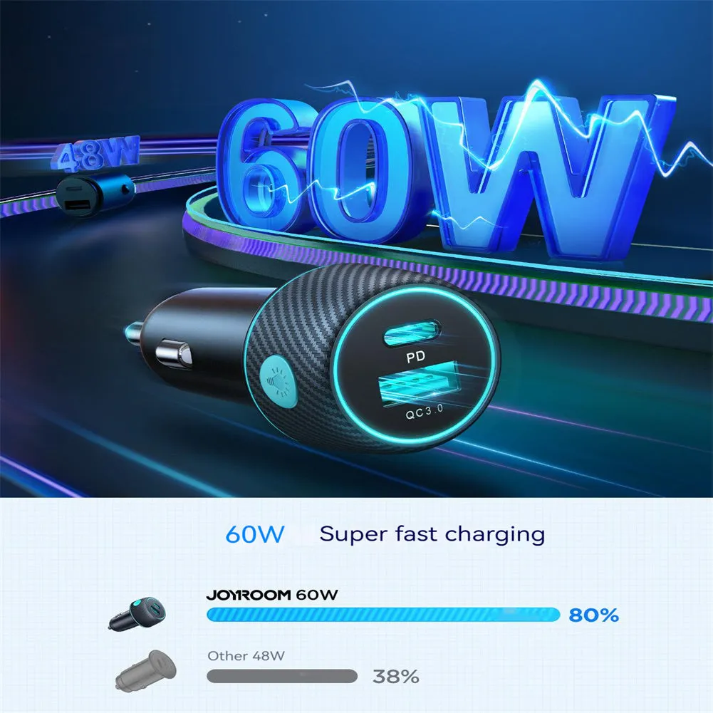 60w High-power Car Charger Dual-port Button Switch Qc3.0 Pd Fast