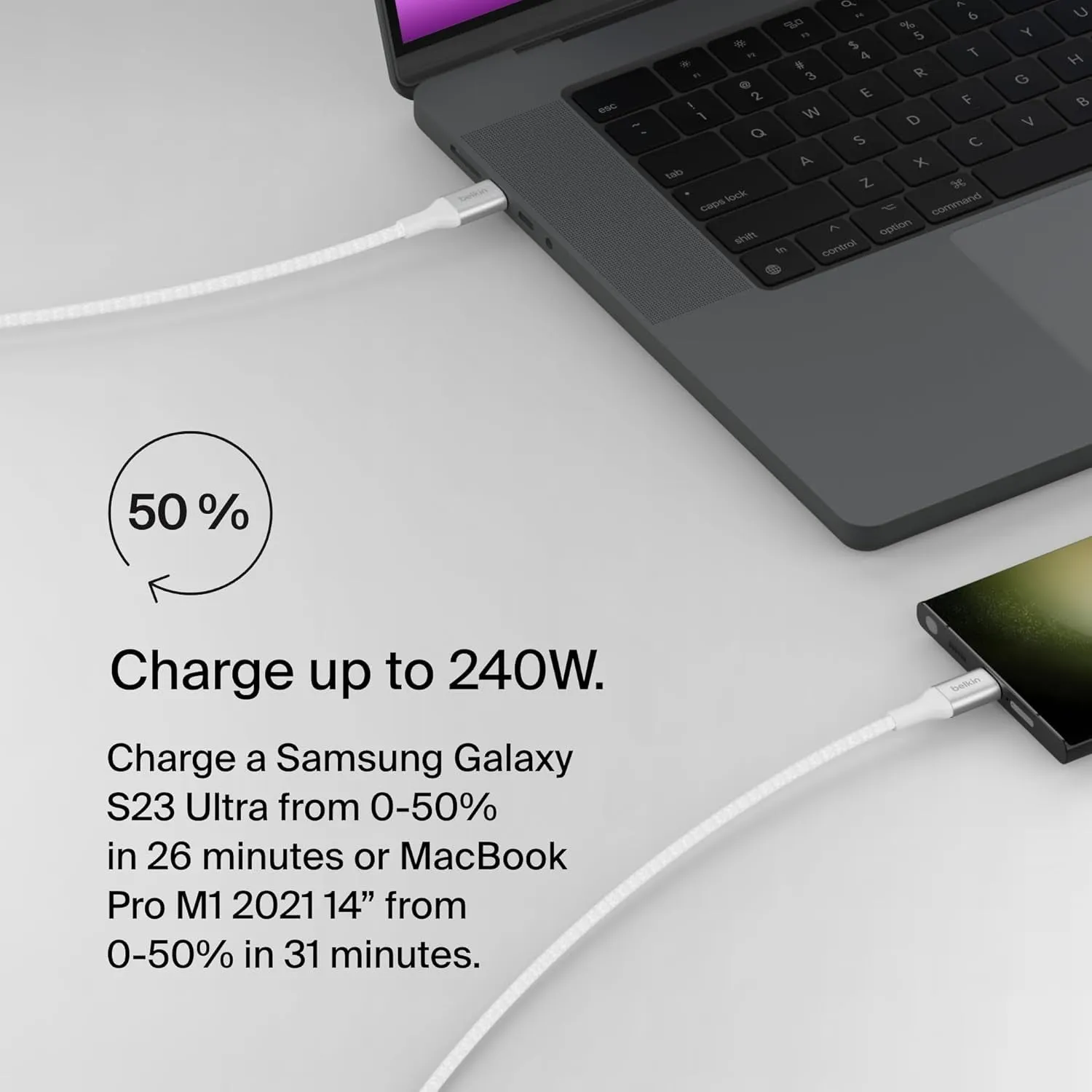 Belkin Boostcharge USB-C to USB-C Power Cable (2M, 6.6Ft), Fast Charging Cable with 240W Power Delivery, USB-IF Certified, Compatible with Macbook Pro, Chromebook, Samsung Galaxy, Ipad, & More - White