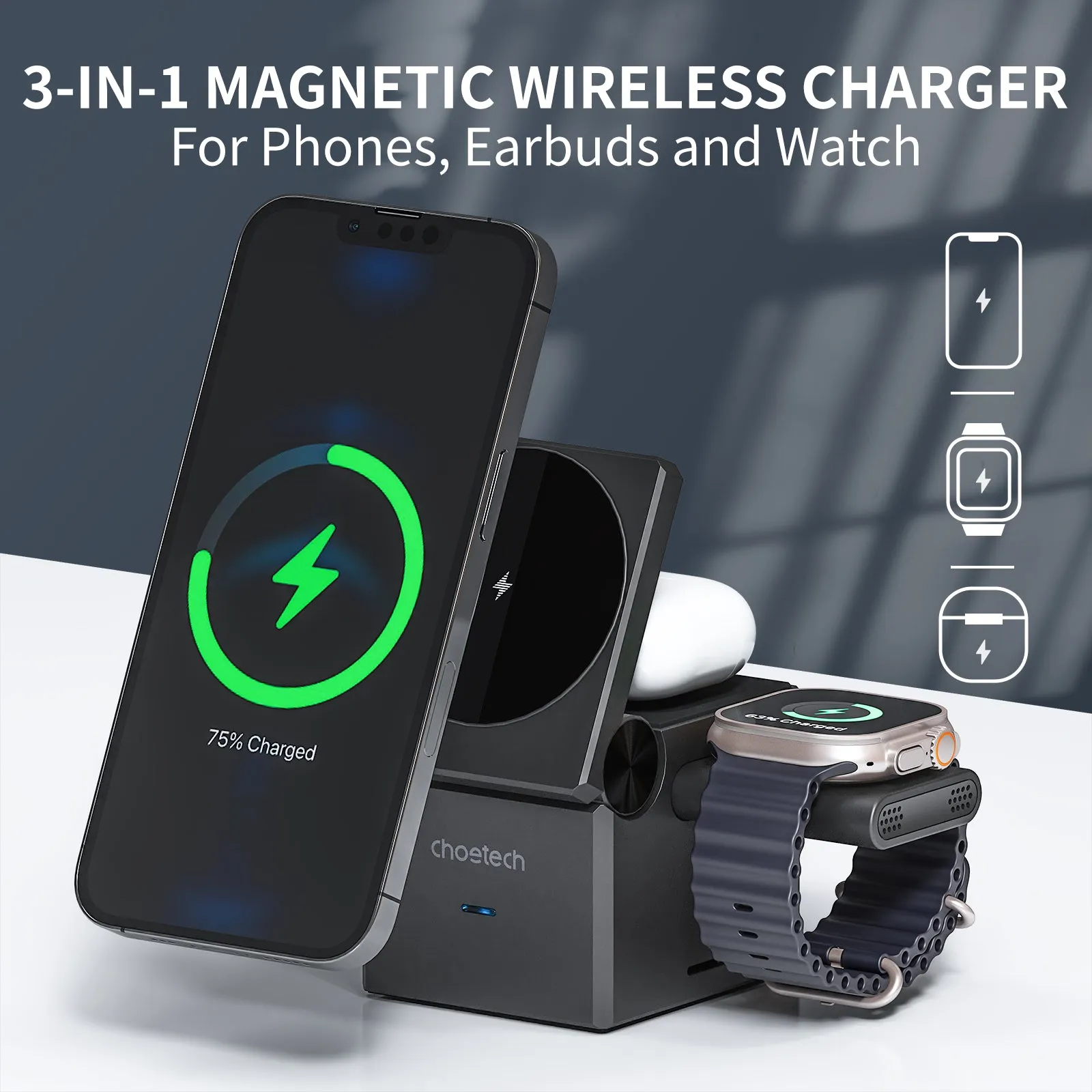 Choetech 4in1 15W Magnetic wireless charger with Removeable WatchChargerHolder for iphone 15