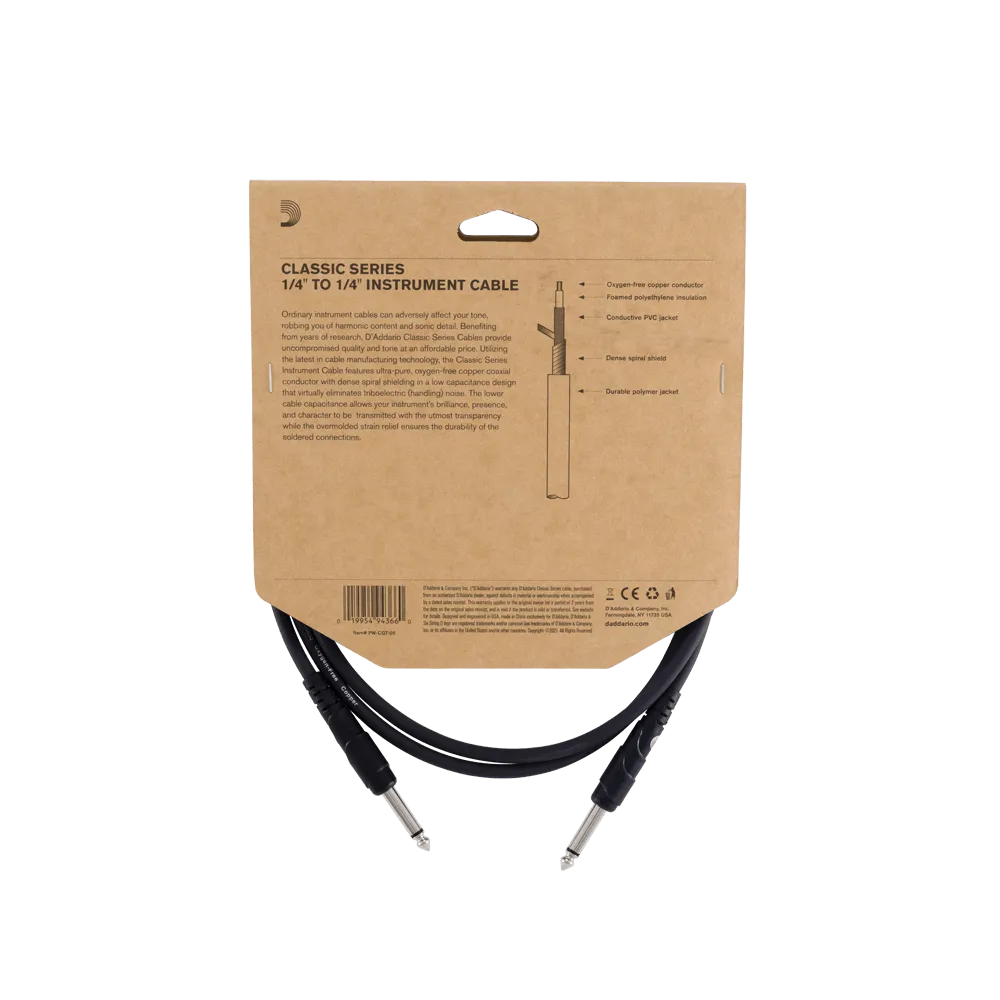 D'Addario Classic Series Instrument Cable, 5 feet, Straight to Straight