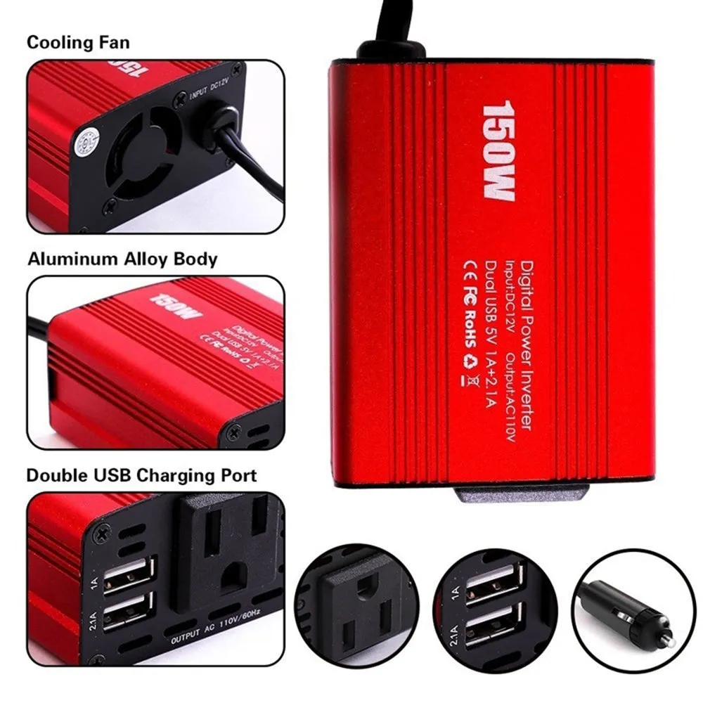Dual USB 150W DC 12V to AC 110V/220V Power Converter Car Charger