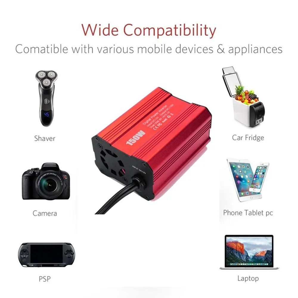 Dual USB 150W DC 12V to AC 110V/220V Power Converter Car Charger