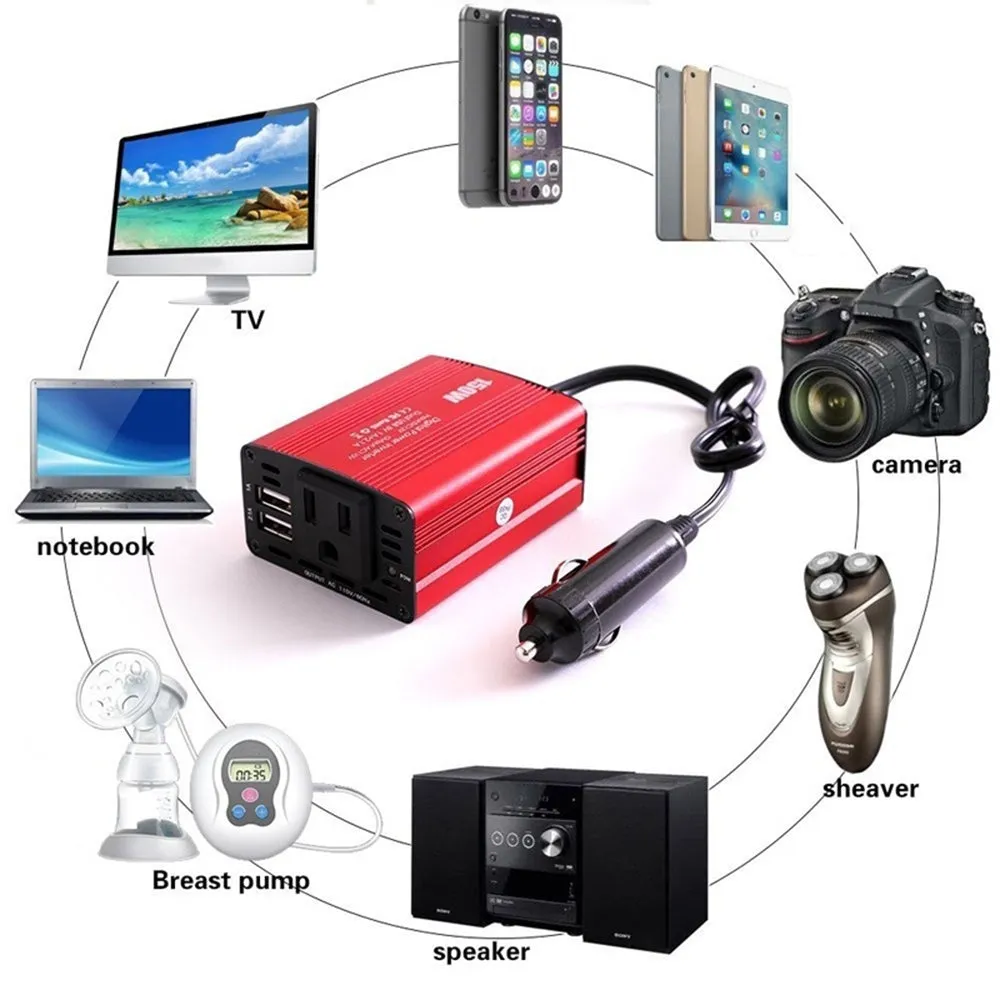 Dual USB 150W DC 12V to AC 110V/220V Power Converter Car Charger