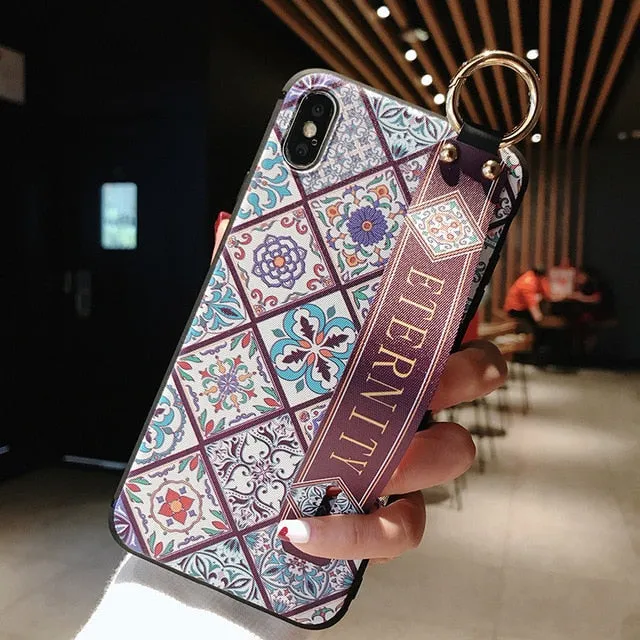 For iPhone 11 Case Fashion Flower Phone Holder Case for iPhone 8 Plus 6 6s 7 X XR XS 11 pro max Soft TPU Wrist Strap Cover Etui