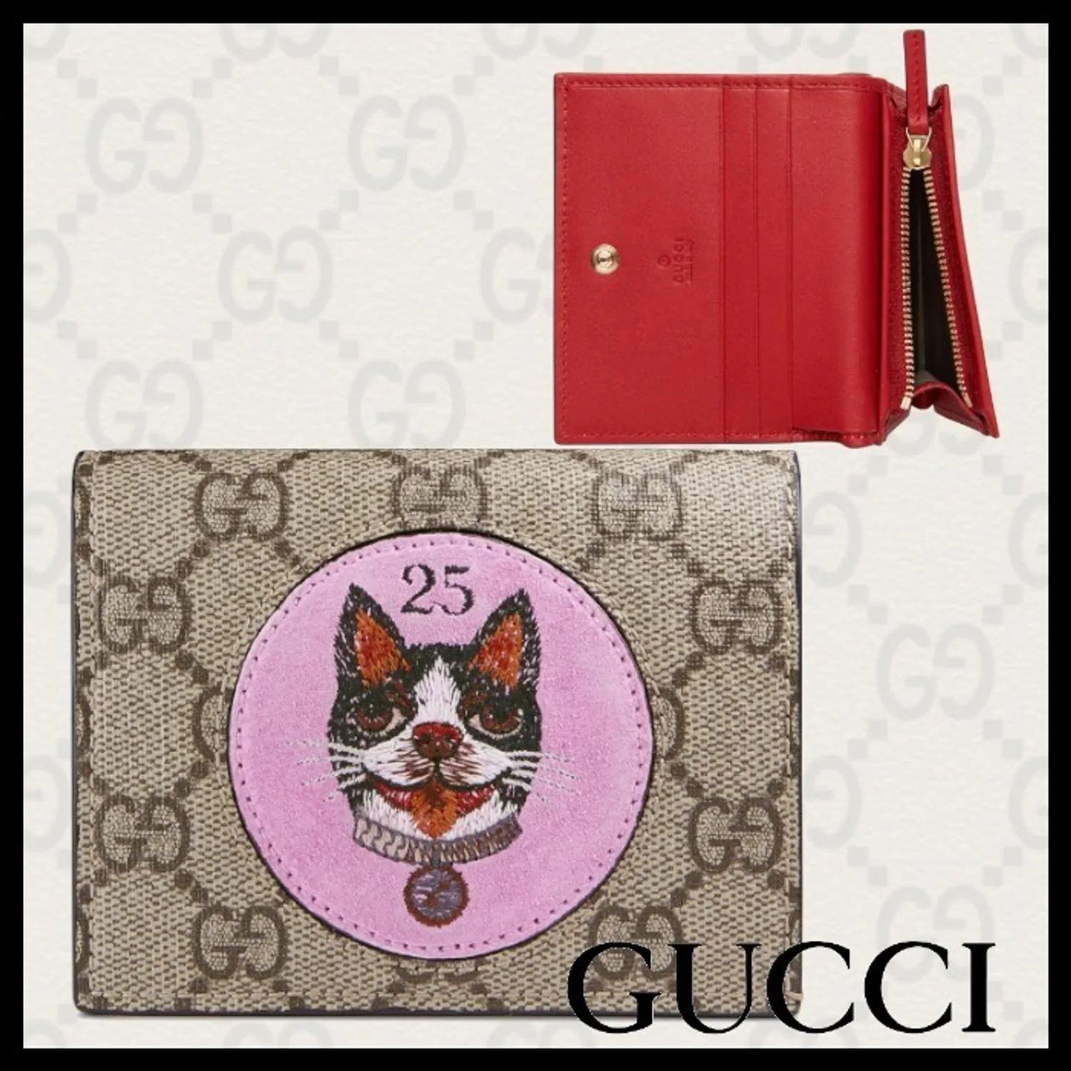 Gucci Dog Brown 25 GG Card Case Pink Leather Small Wallet Red Italy Bosco Bag NEW