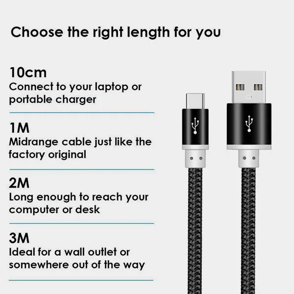 Heavy Duty Strong Braided Fast Charge USB C Type C Data Phone Charger Cable Lead 1m 2m 3m